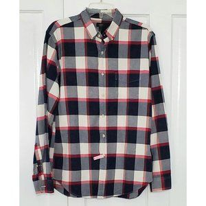 J. Crew Men's Oxford Shirt Red White Navy Plaid Long Sleeve Button Down Collar L
